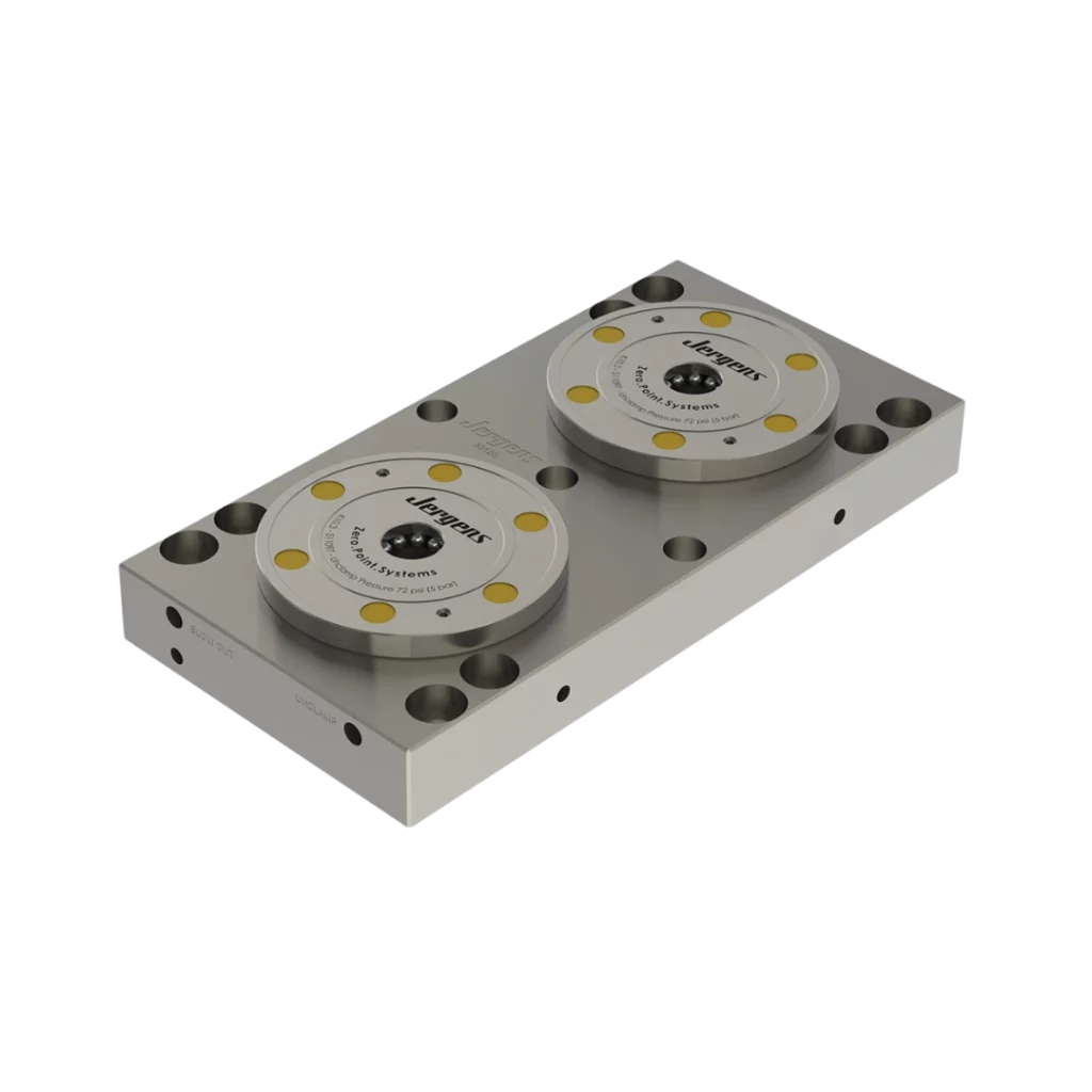 Placa con sistema Zero Point Jergens para fijación rápida y precisa en procesos de mecanizado CNC.