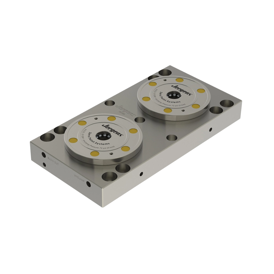 Placa con sistema Zero Point Jergens para fijación rápida y precisa en procesos de mecanizado CNC.