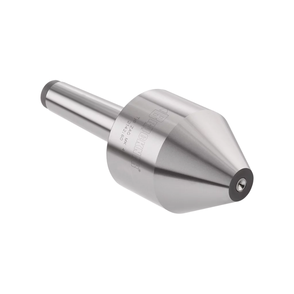 Punto giratorio de precisión marca Bruckner utilizado para soportar piezas en tornos CNC durante operaciones de maquinado longitudinal. Accesorios para Máquinas CNC